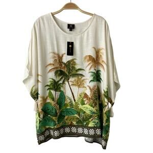 JM Collection Linen Blend Tropical Retreat Top Women XXL Green Coastal Lagenlook